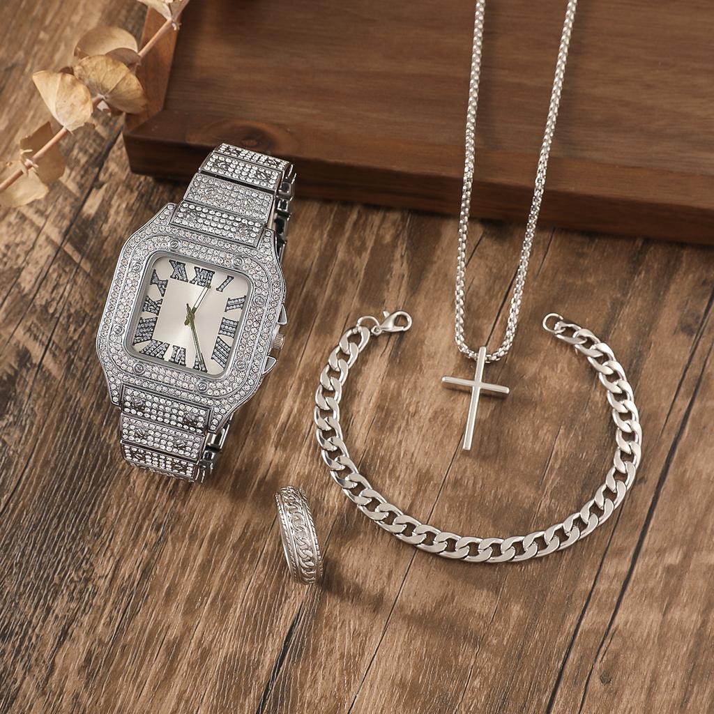 Men's new exquisite square diamond-set dial steel strap quartz watch cross pendant necklace chain bracelet ring set fashion vers