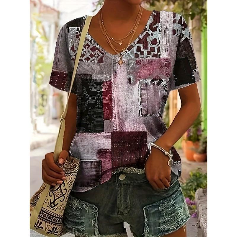 New Colorful Plaid Patchwork 3D Print T-Shirts Women's V-Neck Short Sleeve T Shirt Y2k Harajuku Tees Casual Tops Female Clothing