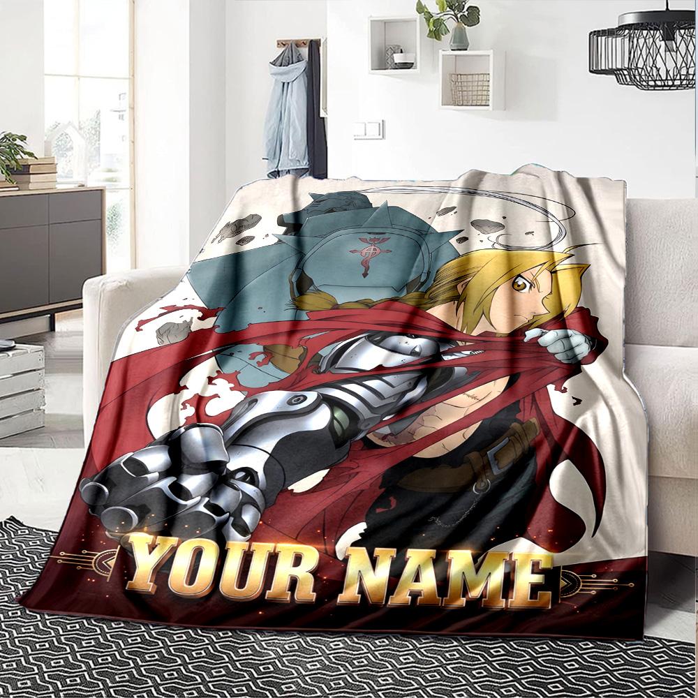 1pc Fullmetal Alchemist Blanket with Custom Name, Gift, for Men and Women, Soft Blanket, Good for Sofa Bed Couch Travel, Lightweight Flannel Blanket