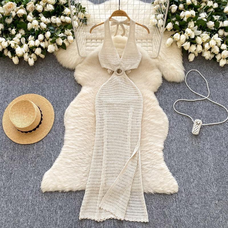 Women's Vacation Style Halter Dress Summer Deep V-neck Slit Backless Strappy Dress