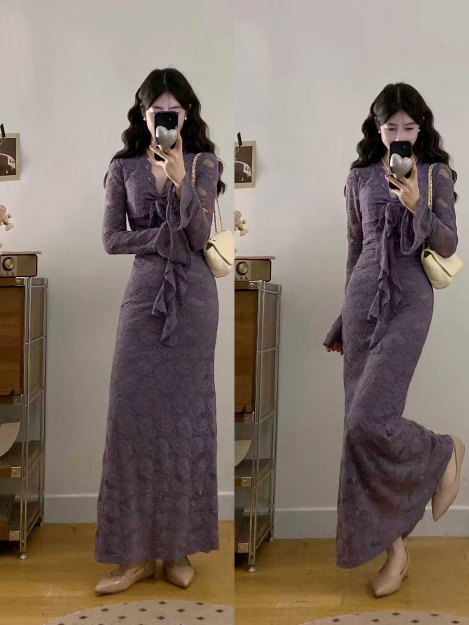Elegant Plus Size V-Neck Bow Lace Dress for Autumn/Winter 2025 Medium фиолетовый