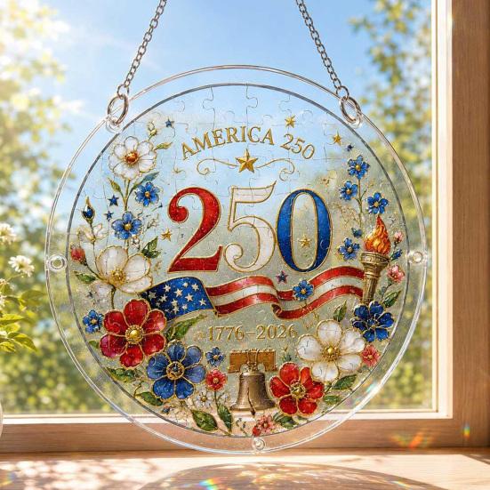 Acrylic Jigsaw Puzzle Suncatcher, US 250th Anniversary DIY Sun Catcher Kit, Stained Glass Style Patriotic Window Hanging Ornament for Independence Day