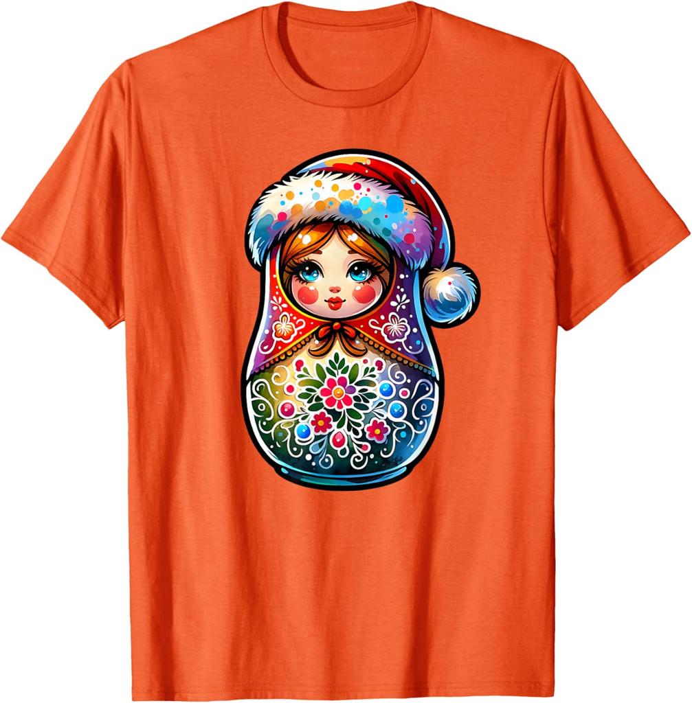 Christmas Matryoshka Doll Graphic Tee Breathable Short Sleeve Casual Round Neck T-Shirt