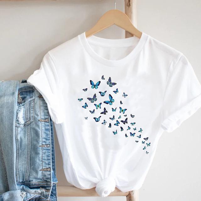Kvinnor Fjäril Kortärmad Vår Sommar Trend Tryck Kläder Mode Kläder Tryck T-tröja T-shirt Kvinnlig Grafisk T-shirt