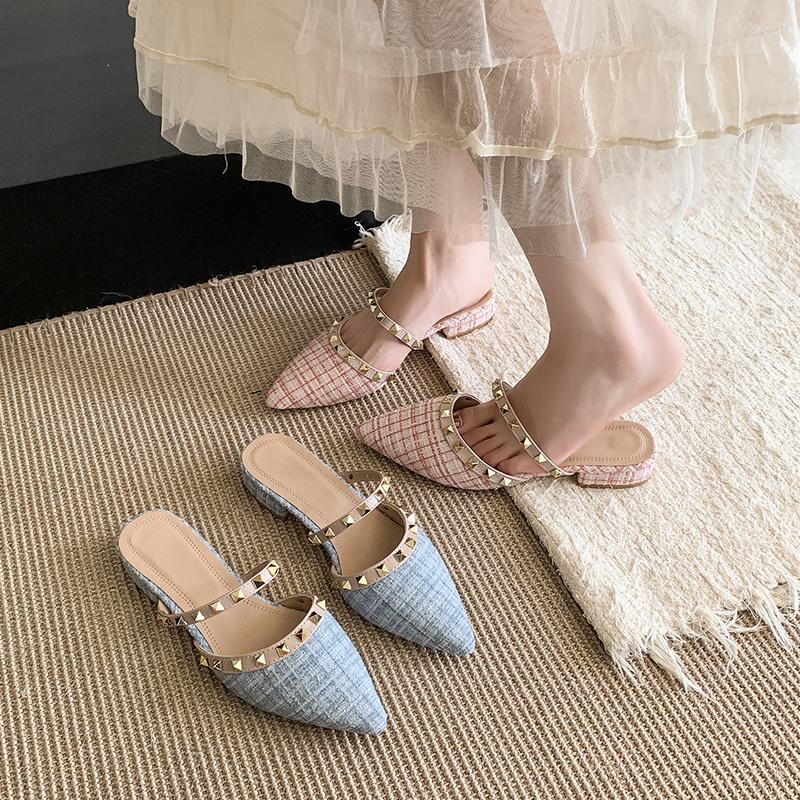 Hot Sale Summer Women Slippers High Heel British Style Pointed Rivet Design Banquet and Professional Wear Ladies Casual Sandals