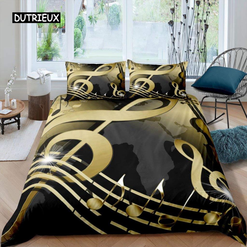 Music Notes Duvet Cover Set Queen Size Purple Musical Theme Bedding Set Gold Shiny Pattern Comforter Cover for Kids Girls Adult