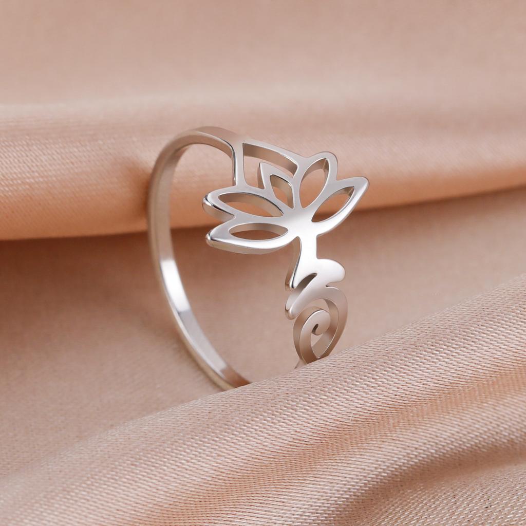 Lemegeton Lotus Flower OM Unalome Symbol Yoga Rings for Women Stainless Steel Buddhism Finger Rings Jewelry for Women