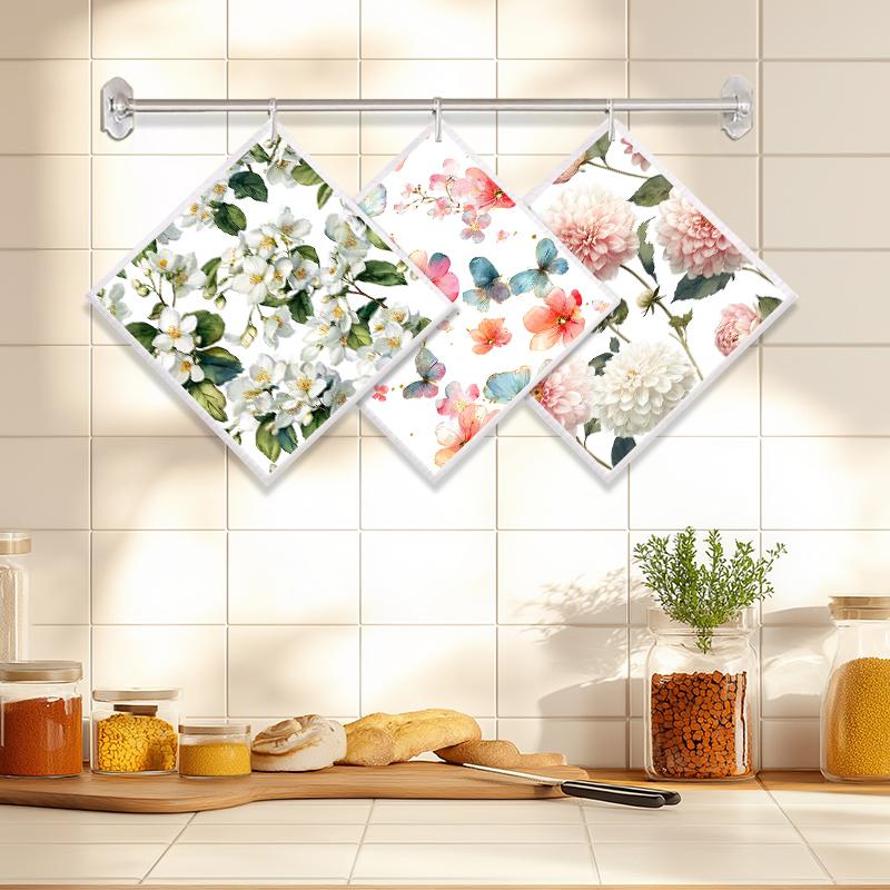 6PCS Flowers Print Swedish Dishcloths Eco-Friendly Kitchen Rags Absorbent Dish Towels Reusable Washable Cleaning Cloth