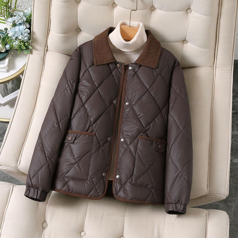 Women's Winter Loose Diamond Pattern Cotton Padded Jacket Lapel Lightweight Short Warm Fashion Outerwear