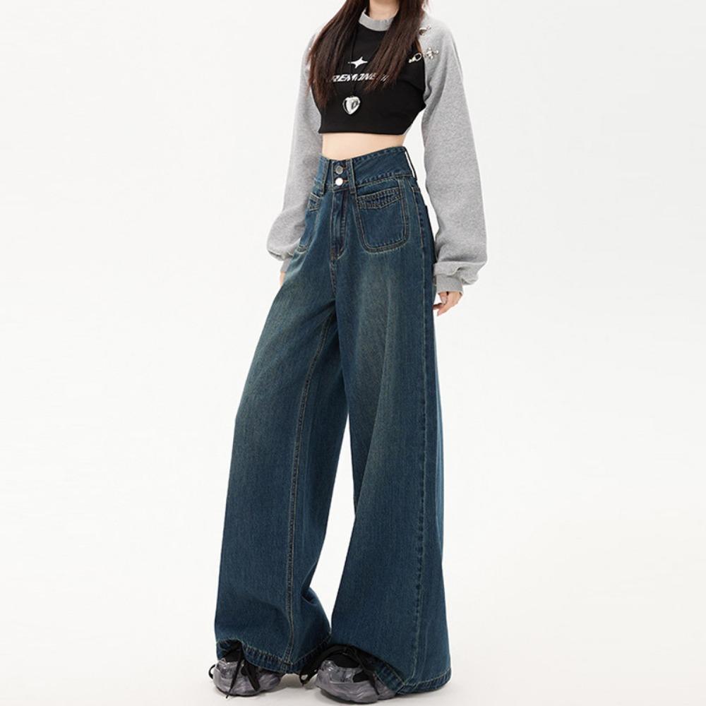 Design Sense Street Fashion Mopping Jeans Women's Spring and Autumn New Loose and Skinny Wide Leg Pants Tide