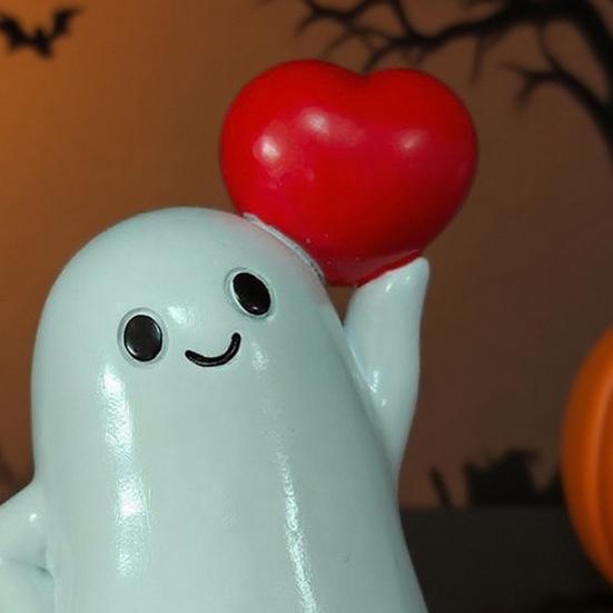 Halloween Ghost Figurine Cute Ghost Holding Heart/Pumpkin Statue Desktop Small Resin Ghost Ornament for Home Office Kitchen Tabletop Decor