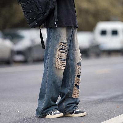 Men's Retro Ripped Wide-Leg Jeans - Summer Washed, Distressed, Loose-Fit High Street Style