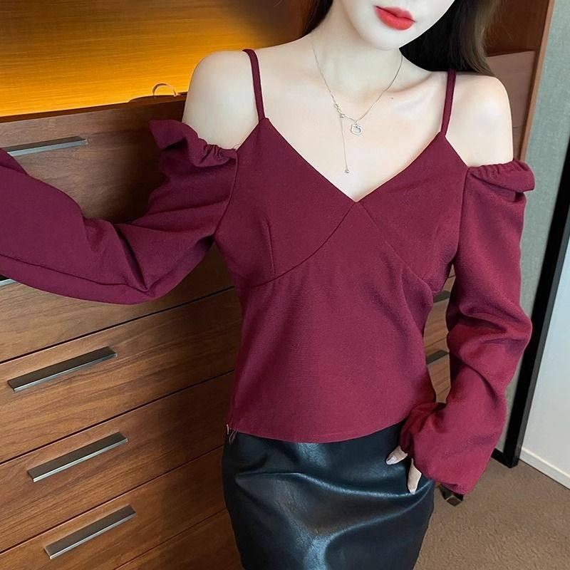 

One-Shoulder V-Neck French Style Long Sleeve Layered Top for Women L красный