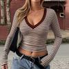 Women's Striped Long Sleeve V-Neck T-Shirt Slim Fit