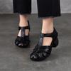 Johnature Genuine Leather Retro Round Toe Middle Heel Sandals Versatile Comfortable Thick Heel Women's Shoes
