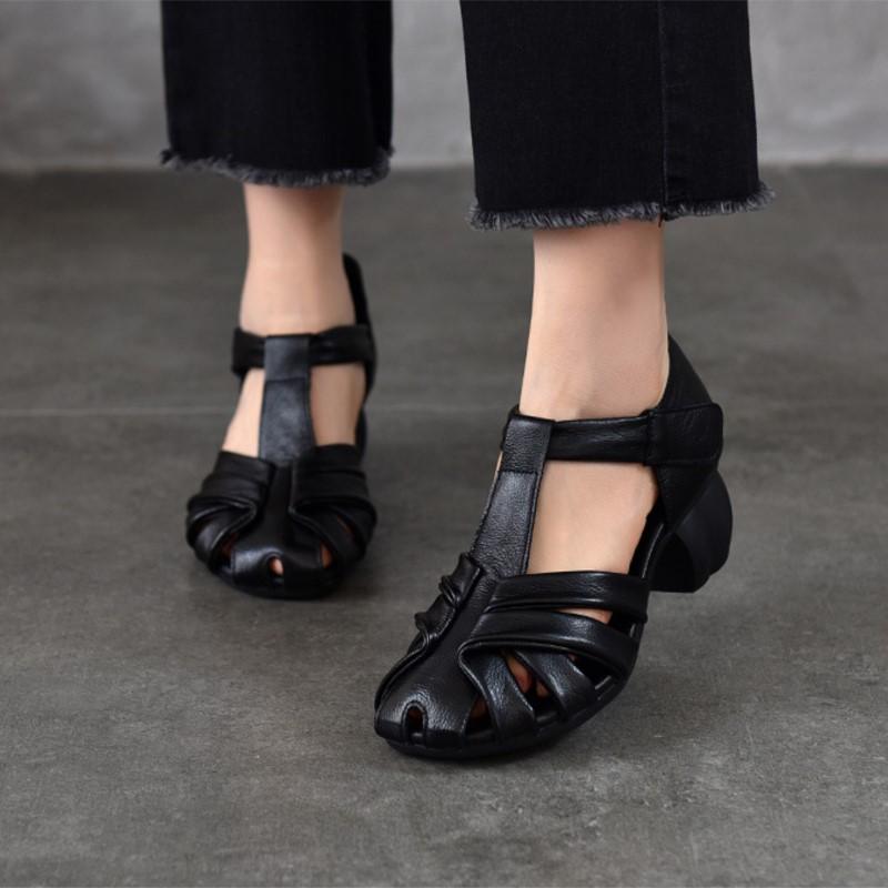 Johnature Genuine Leather Retro Round Toe Middle Heel Sandals Versatile Comfortable Thick Heel Women's Shoes
