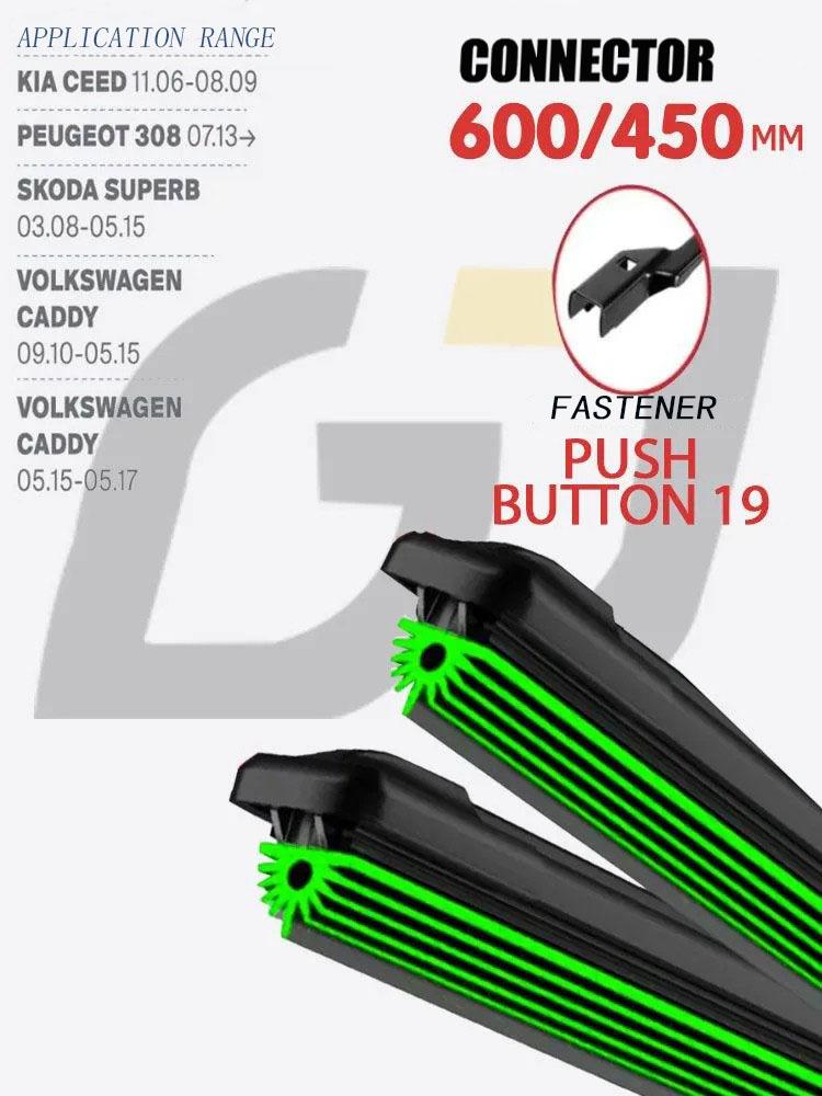 24 +18 Push Button 19 Frameless Wipers, Quiet 11-Layer Rubber Blades Fit Kia Ceed, Peugeot 308, Skoda Superb, Volkswagen Caddy чёрный