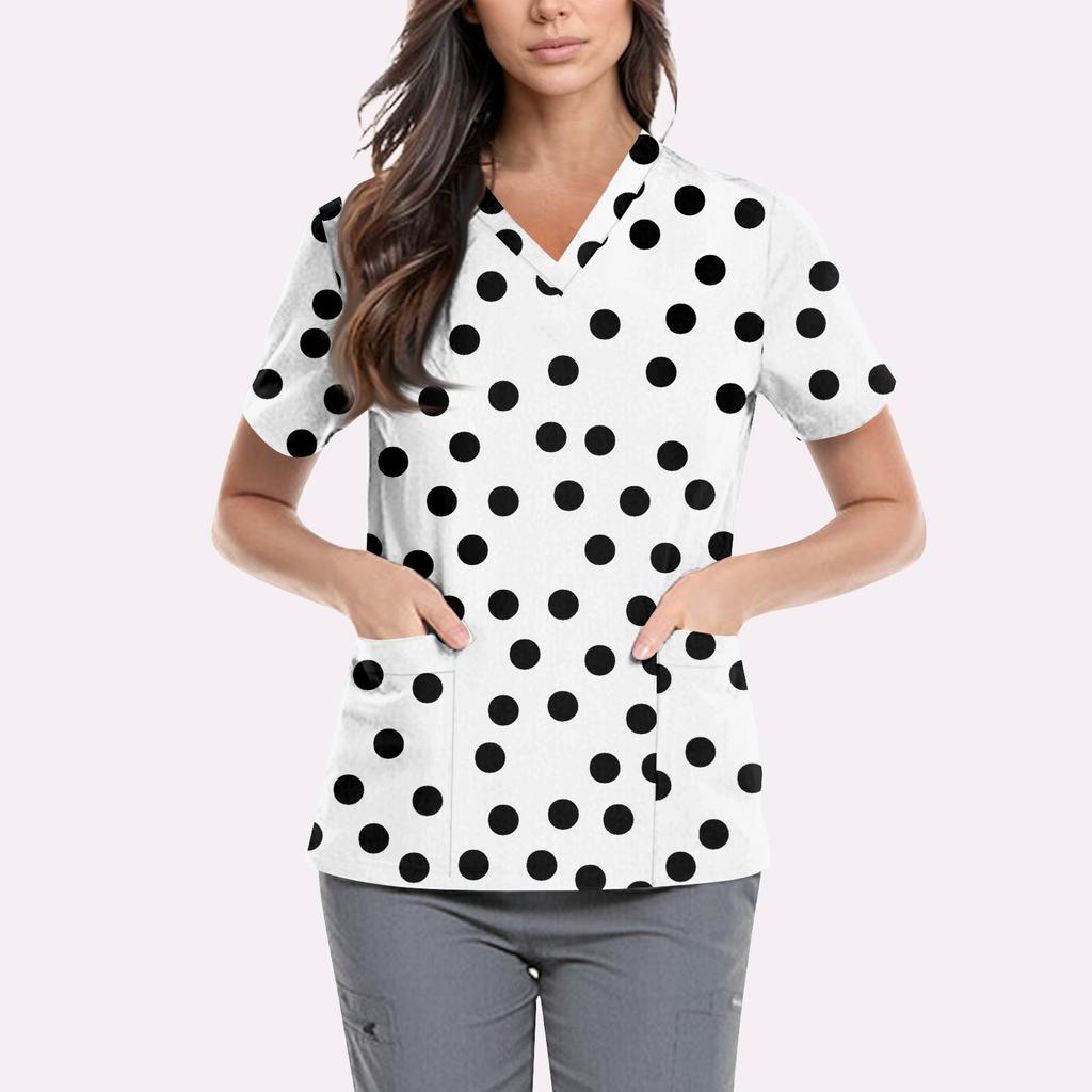 Women's Cute Printed Work Clothes V-neck Double Layer Pockets Basic Short Sleeve Top Pullover Valentines