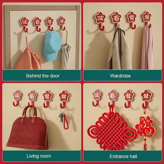 4Pcs Red Flower Adhesive Hooks Good Luck Bathroom Hooks Chinese Style Wall Hooks for Coats Hats Keys Kitchen Entryway