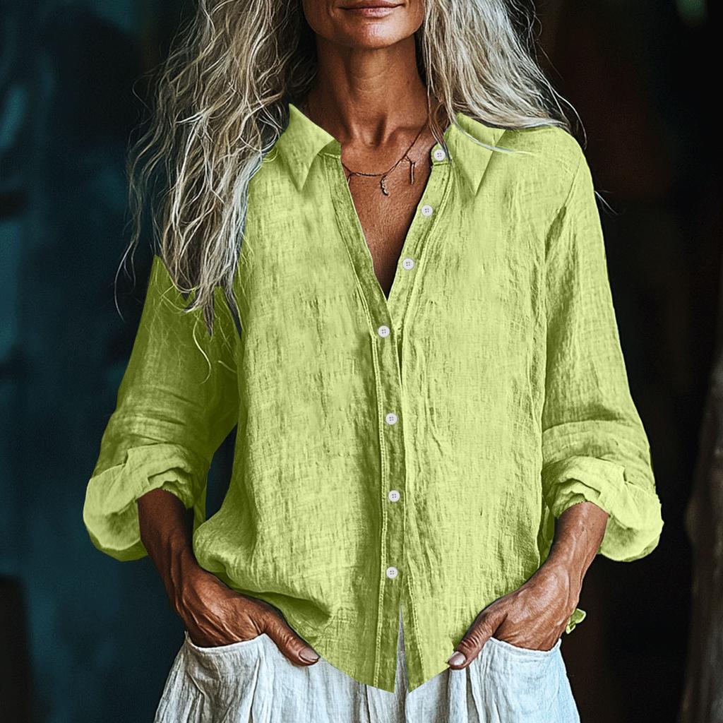 Women's Fashionable And Casual Solid-color Long-sleeved Cotton And Linen Shirt Top