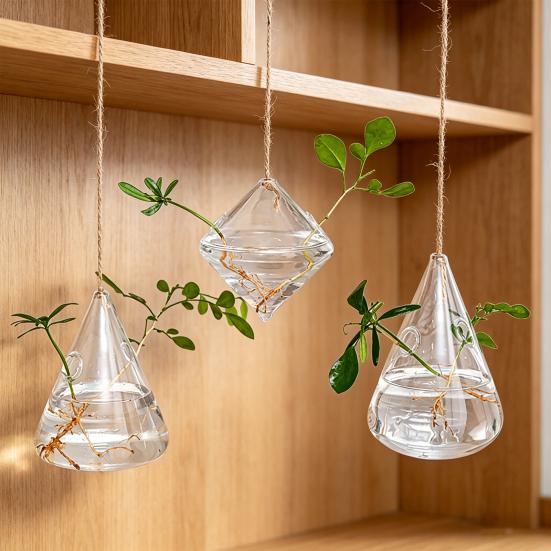 3 Pcs Hanging Glass Planter Clear Plant Propagation Stations Hydroponic Flower Vase for Indoor Home Office Living Room Decor