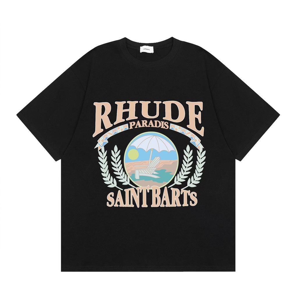 2023 Marchio trendy europeo e americano transfrontaliero RHUDE logo con lettera micro-etichetta motivo t-shirt a maniche corte uomo e donna high street larga h