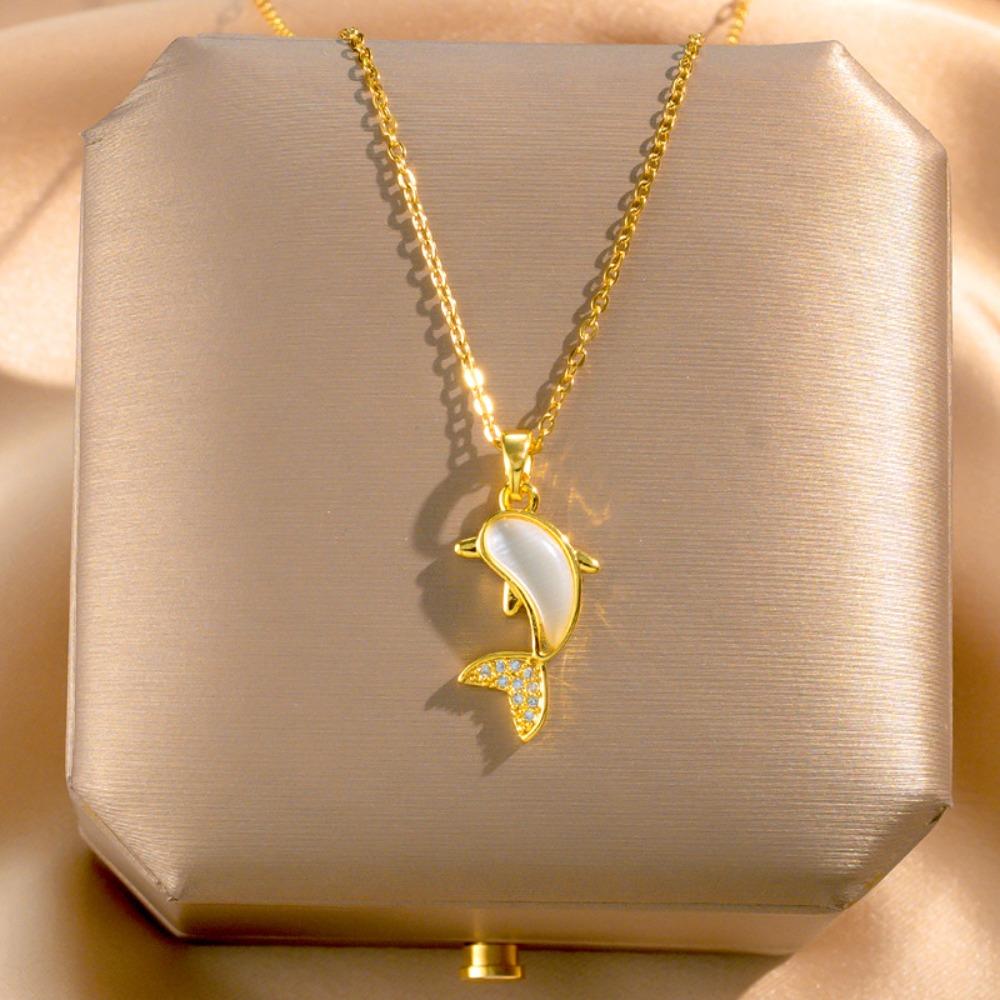 2026 Cute Dolphin Pendant Necklace - Gold Plated Zircon Tail Pearlescent Animal Collarbone Chain for Women Ocean Jewelry