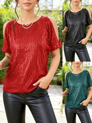 Women's Sexy Off-Shoulder Round Neck Short Sleeve Shiny Sequined T-Shirt Top