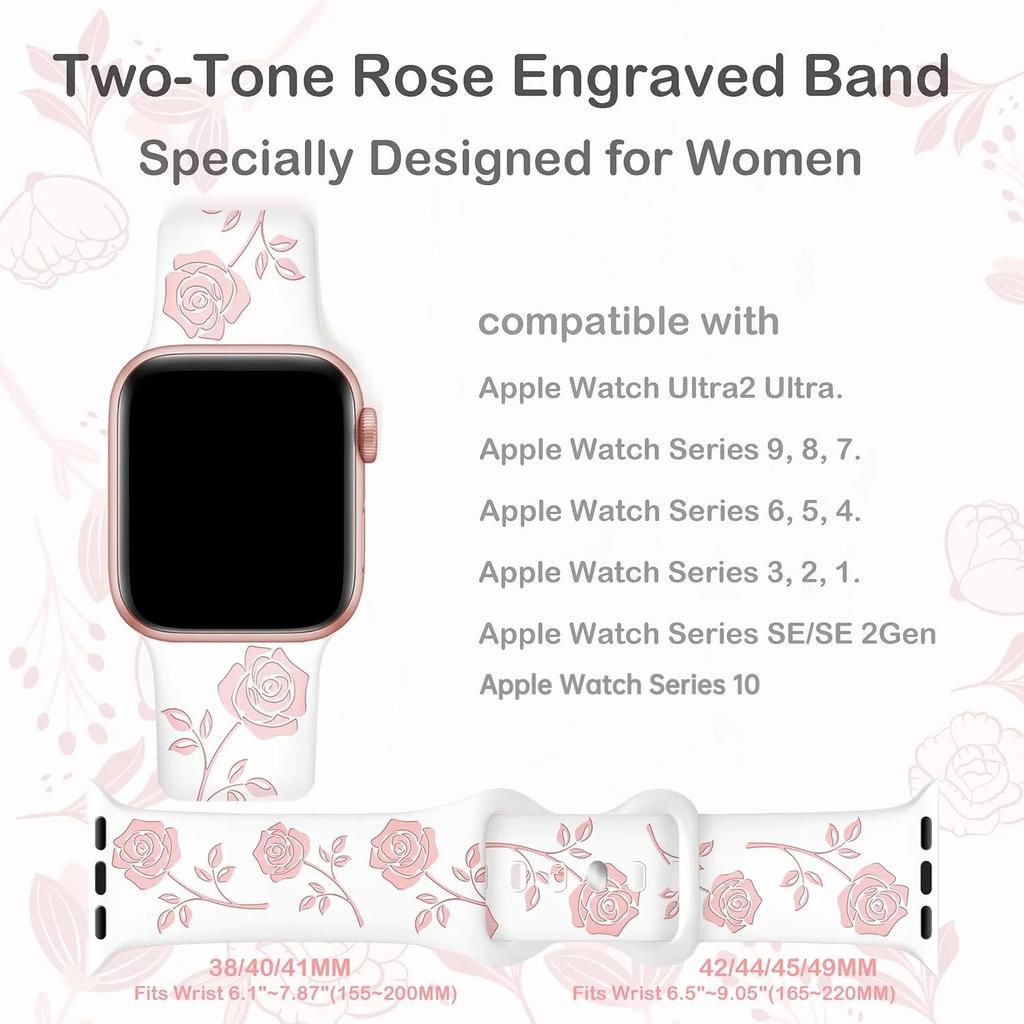 Two-Tone Flower Engraved Watch Band 46mm Compatible with Apple Watch Series 10 42mm 38/40/41/44/45/49mm for Women Rose Flower Soft Straps