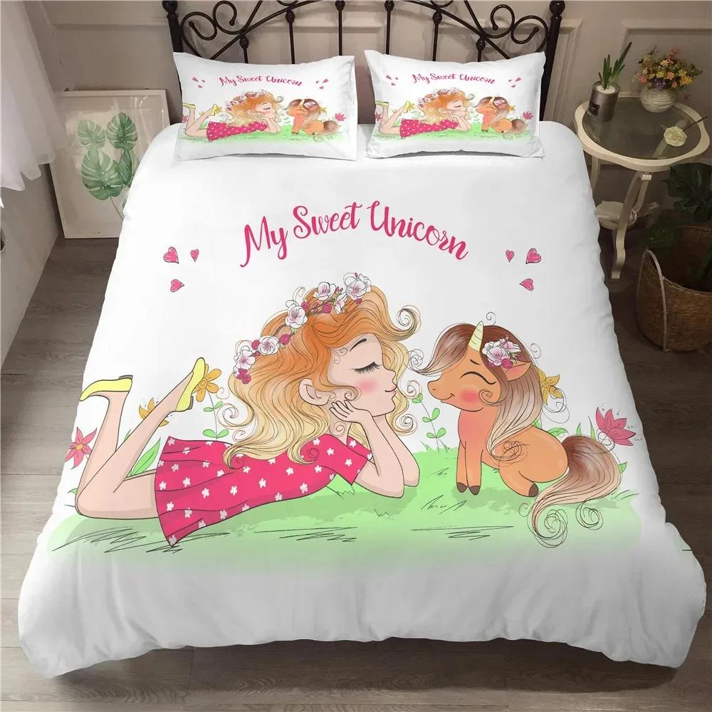 Cute Unicorn Duvet Cover Set Girly Pink Castle Bedding Set Single Twin Size For Princess Girl Dedicated Bedroom Decor Bedclothes