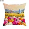 1pc 2D Flat Throw Pillow Covers Autumn Harvest Pumpkins Windmills Fields Artistic Style Orange Pink Yellow Soft Velvet Washable Pattern Pillow Covers 