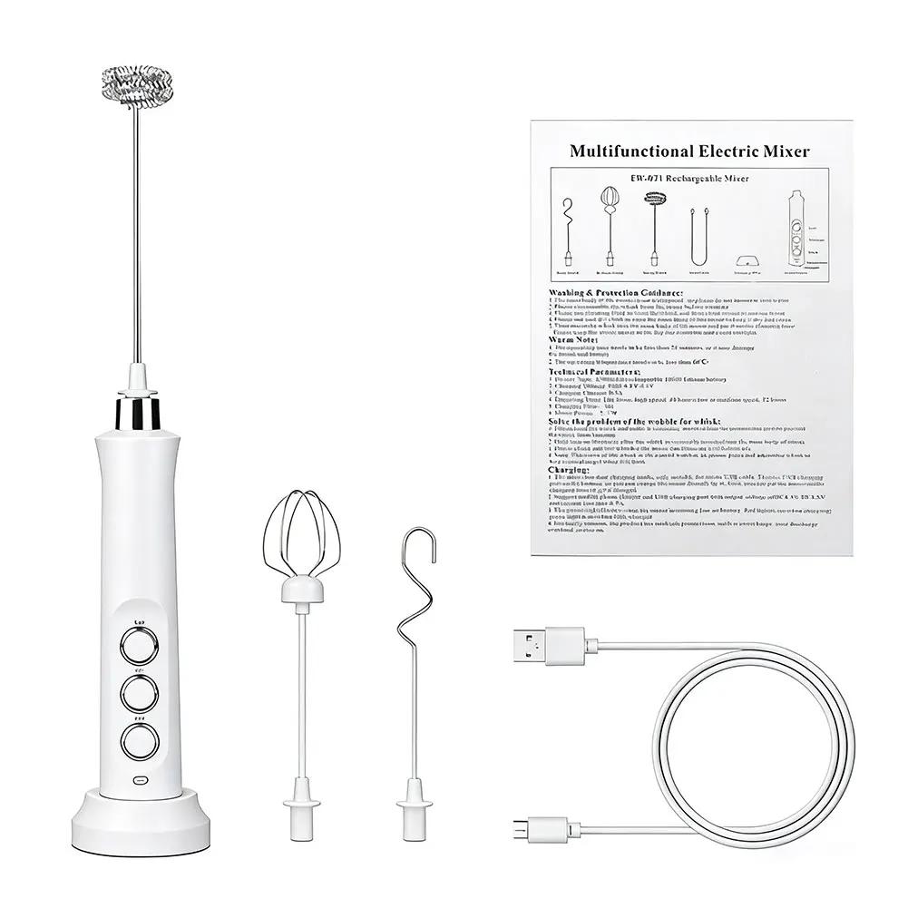 

Rechargeable Handheld 3 In 1 Electric Milk Frother High Speed Foamer Coffee Drink Mixer білий