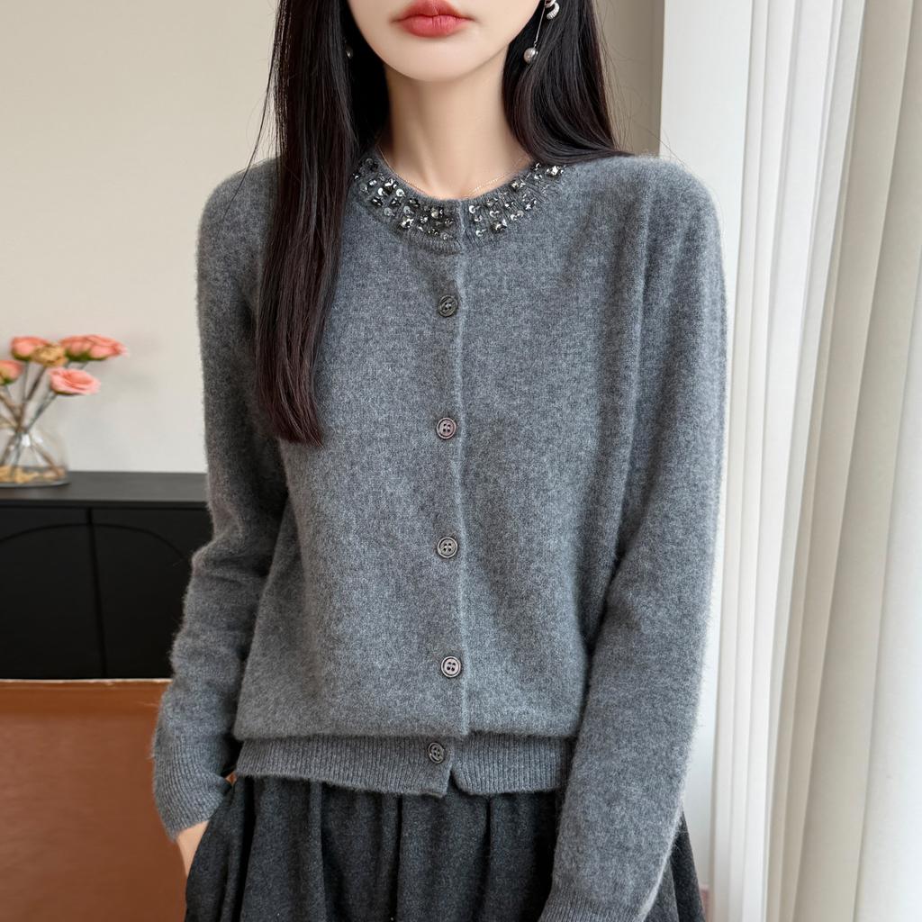 Women Autumn Winter Knit Cardigan Retro Fair Isle Pattern Round Neck Long Sleeve Loose Wool Blend Sweater Coat Casual Outerwear