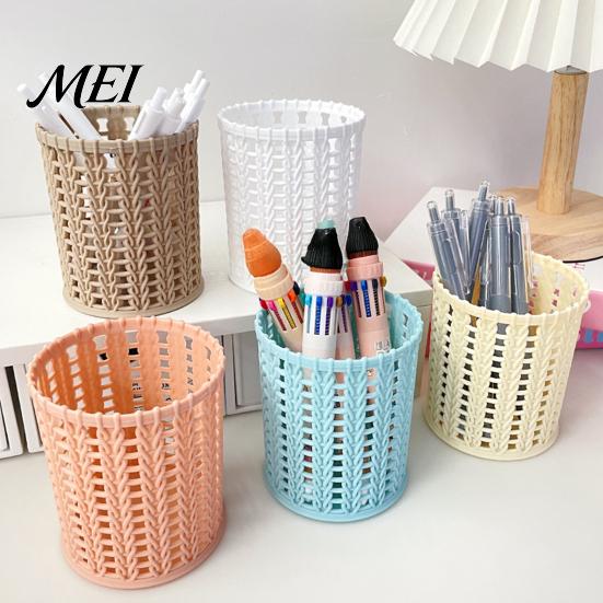 Pen Holder Imitation Rattan Holder, Round Hollow Desk Organizer, Large Capacity Pencil And Gadget Cup for Pens Pencils Makeup Brushes, Nordic