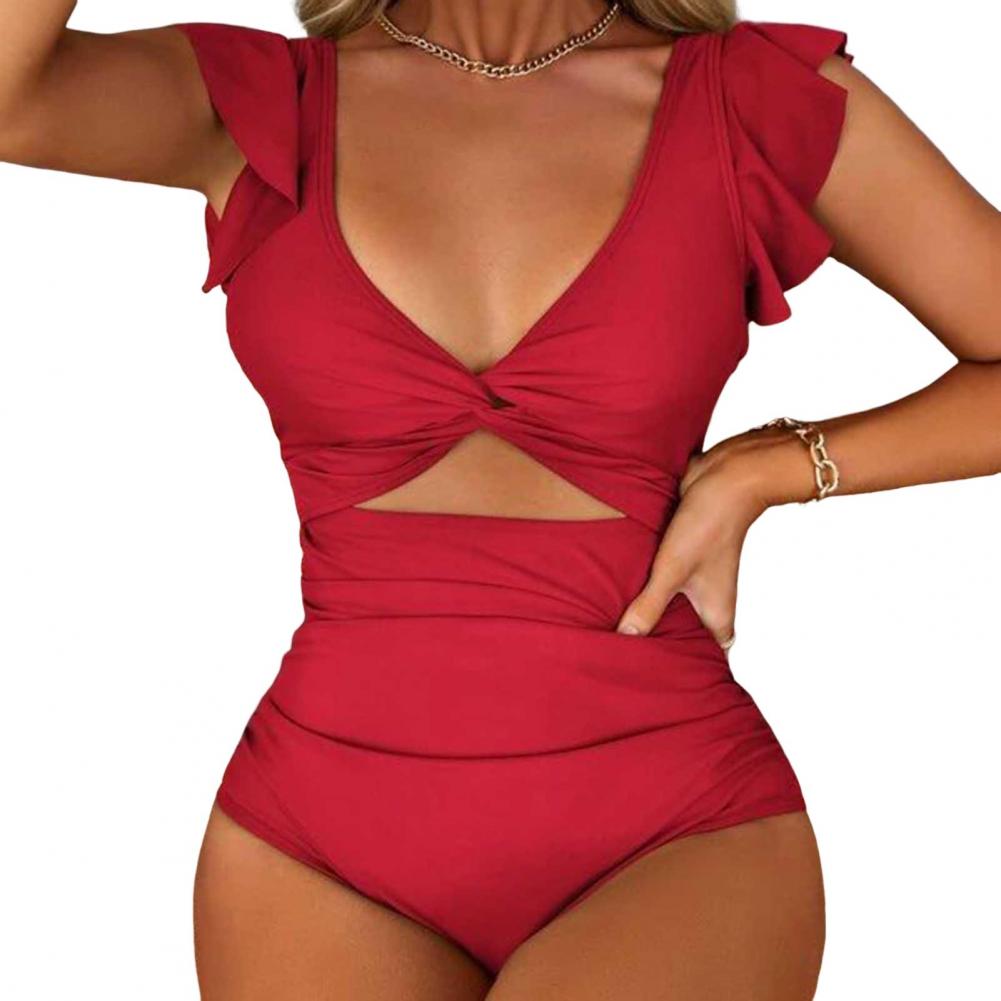 Women Monokini V-Neck Ruffle Sleeve Solid Color One-Piece Swimsuit High Waist Tummy Control Bathing Suit