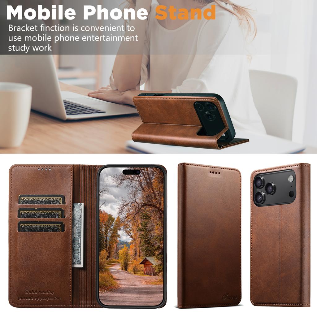 Plain Leather Card Holder Case for iPhone 18 Pro Max 17 Air 17E 16E 16 Pro 15 14 13 12 Mini 11 Magnetic Button Wallet Flip Cover