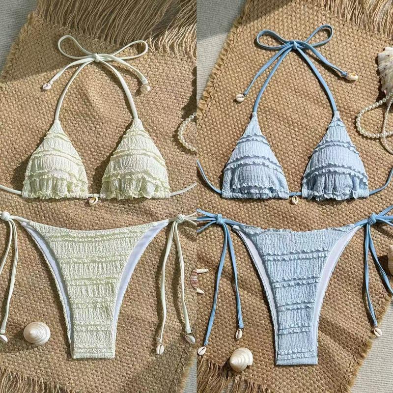 Solid Color Women Halter Three Piece Bikini Swimwear For Beach Swimming
