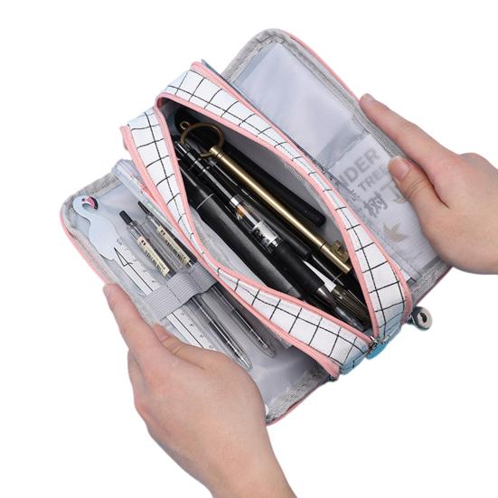 Large Pencil Case Canvas Makeup Bag with Zipper Multiple Compartments Pencil Pouch Lightweight Pencil Organizer