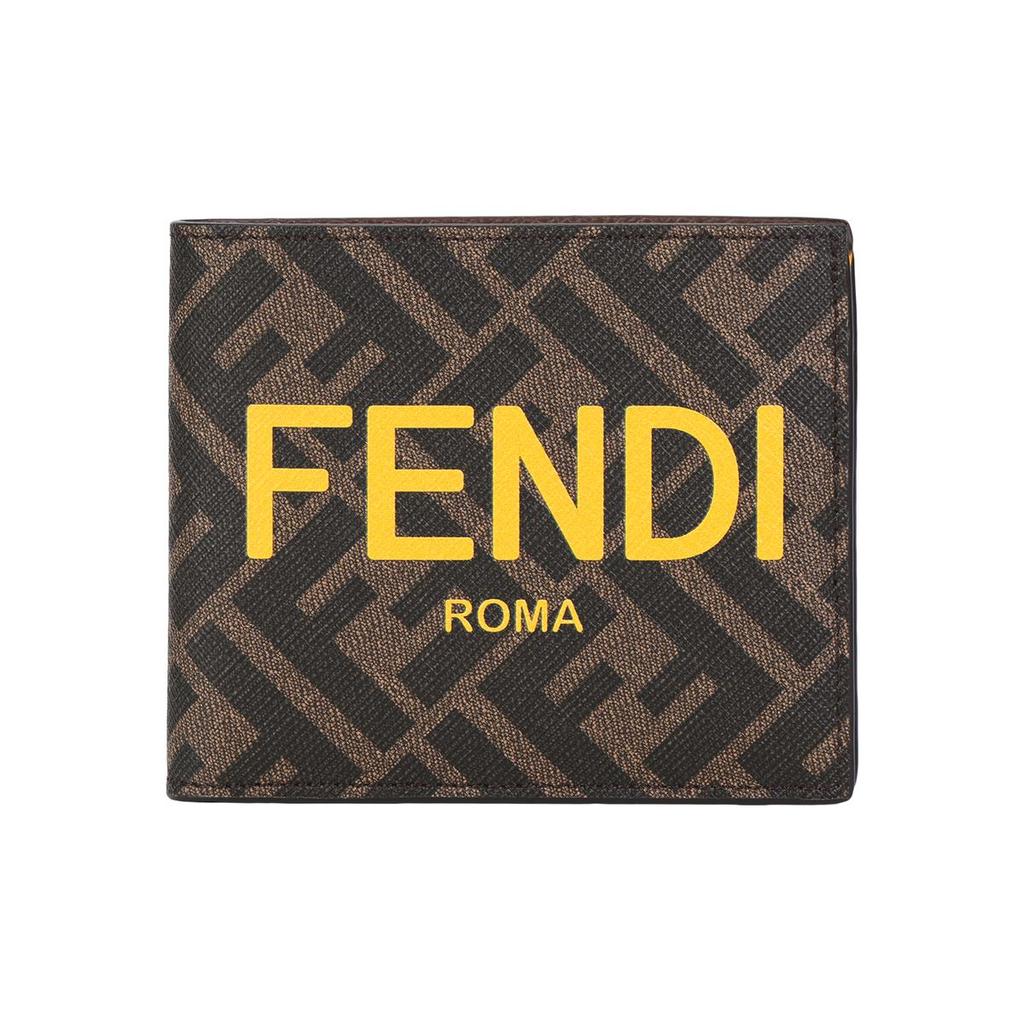 Fendi FF Monogram Logo Pattern Double Fold Textured Fabric Wallet Men Wallet Brown Yellow 7M0338-AJJ8-F1HRH