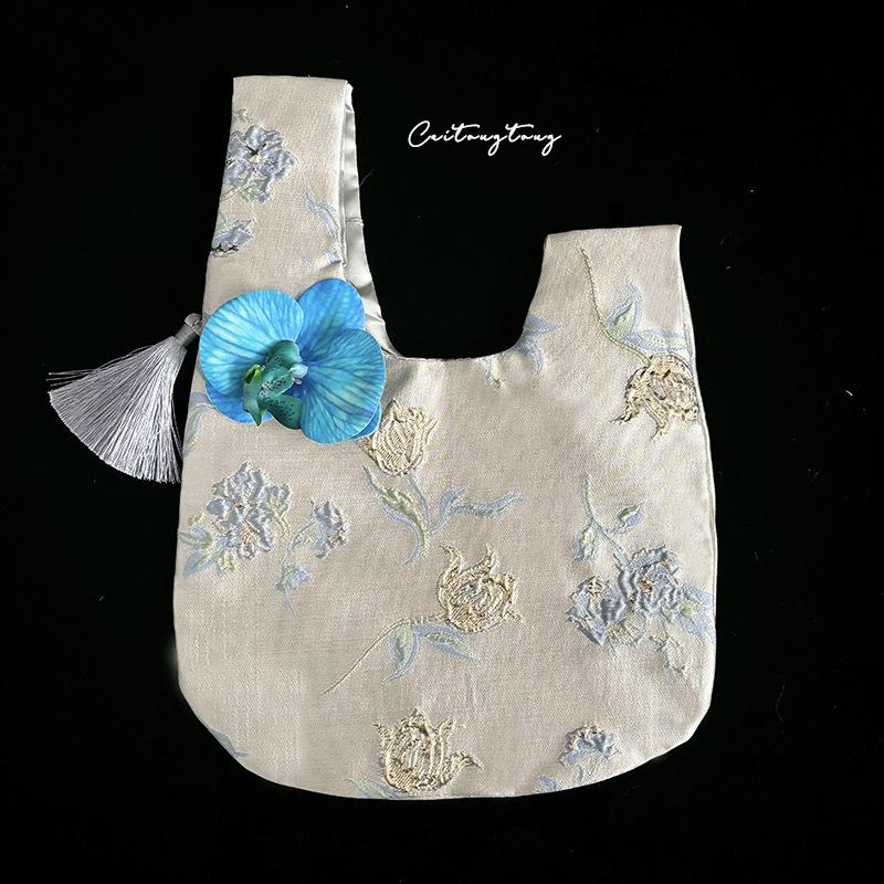 Phalaenopsis Tassel Imitation Silk Gold Silk Jacquard Fabric Wrist Bag New Chinese Retro National Style Small Bag