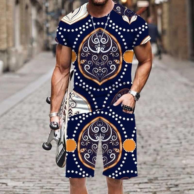 Summer Fashion Casual Men's Suit Vintage Pattern 3D Printed Sportswear Short-sleeved Suit Oversized Round Neck T-shirt Shorts 2-piece