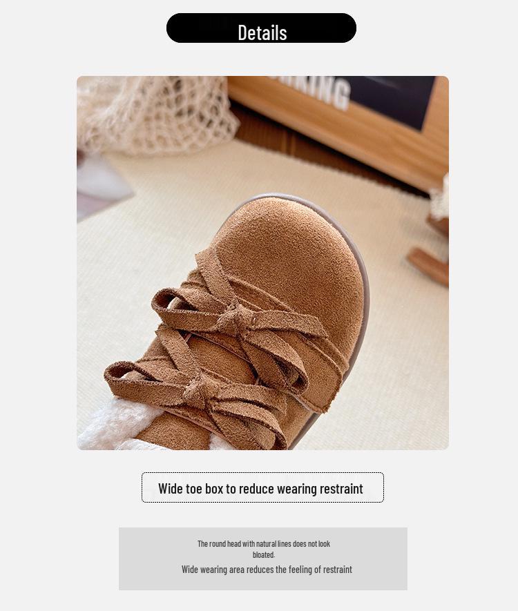 Korean Style Double Bow Furry Winter Shoes for Girls, Ages 1-6, Plus Velvet Cotton.