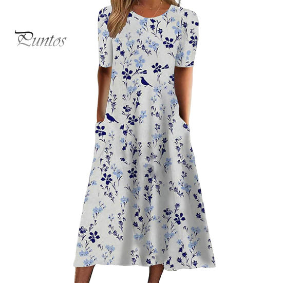 

Женское летнее платье с цветочным принтом, круглым вырезом, короткими рукавами, карманами трапециевидной формы, свободный подол, длина до середины икры, дышащее мягкое повседневное повседневное платье миди XL светло-синий