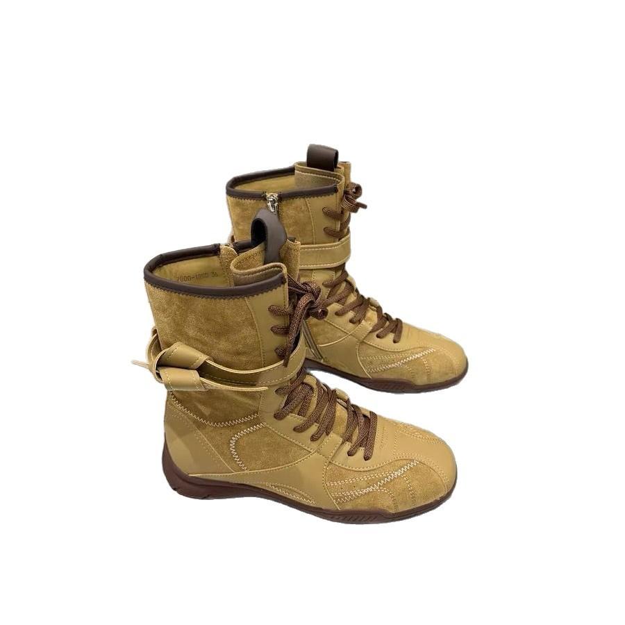 European Station Retro Leather Boxing Boots Women's 2025 Autumn Thin British Style Martin Boots Soft Sole German Training Medium Tube Short Boots