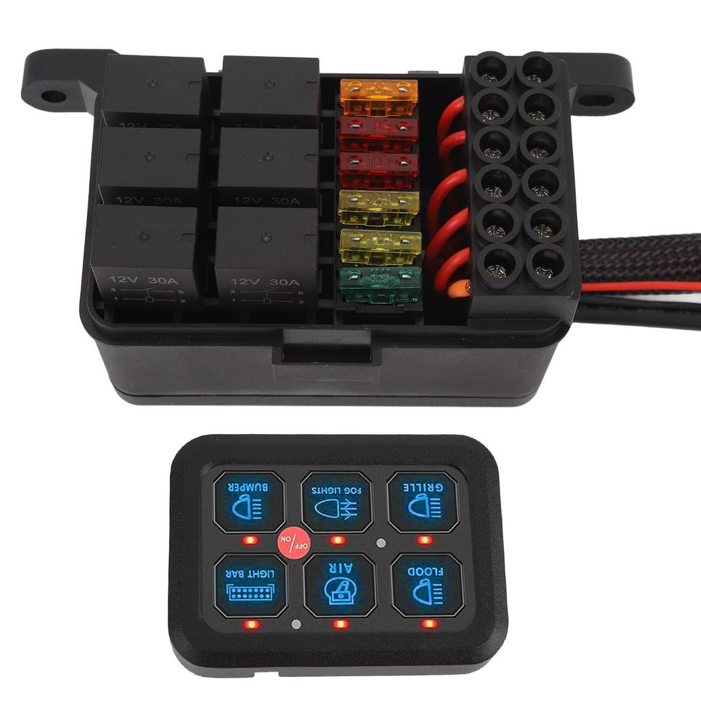 12V 6-Gang Switch Panel with Dimmable LED Light Control, Aluminum, 720W 60A, for Car, Truck, Boat, UTV, and ATV Circuit Systems (Blue Light)