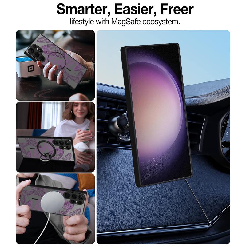 Thin Ring Magnetic Phone Case For Samsung Galaxy S26 Ultra S25 FE S24 S23 S22 Plus S21 FE Pink Butterfly Print Hybrid TPU+PC Matte Cover