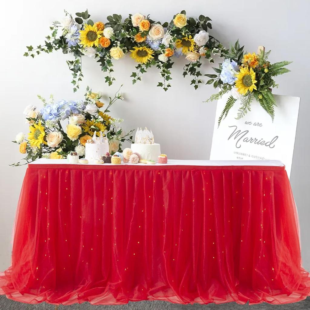 Sheer Table Skirt Tablecloth 3-Ply with LED Lights Premium Gold Edge Wedding Party Cake Table Decoration