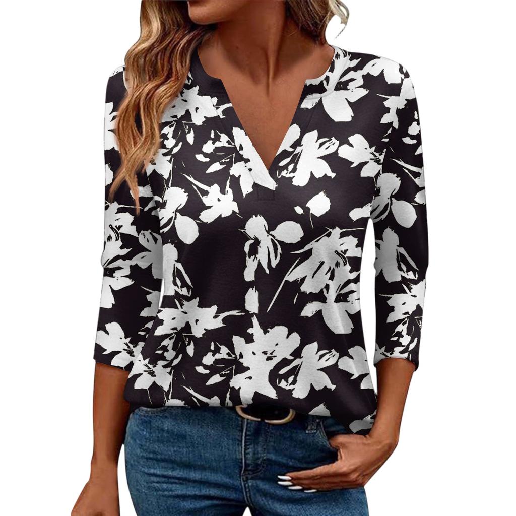 Women's Casual Fashion Sexy Comfortable V-Neck Floral Seven Sleeve Top