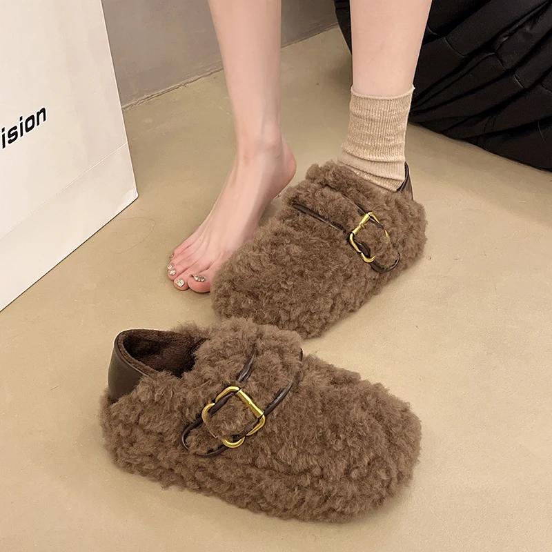 2025 Winter Women's Causal Cotton Shoes Warm Furry Hairy Fashionable Outdoor Women's Plush Shoes Women Flat Bottom Zapatos Mujer