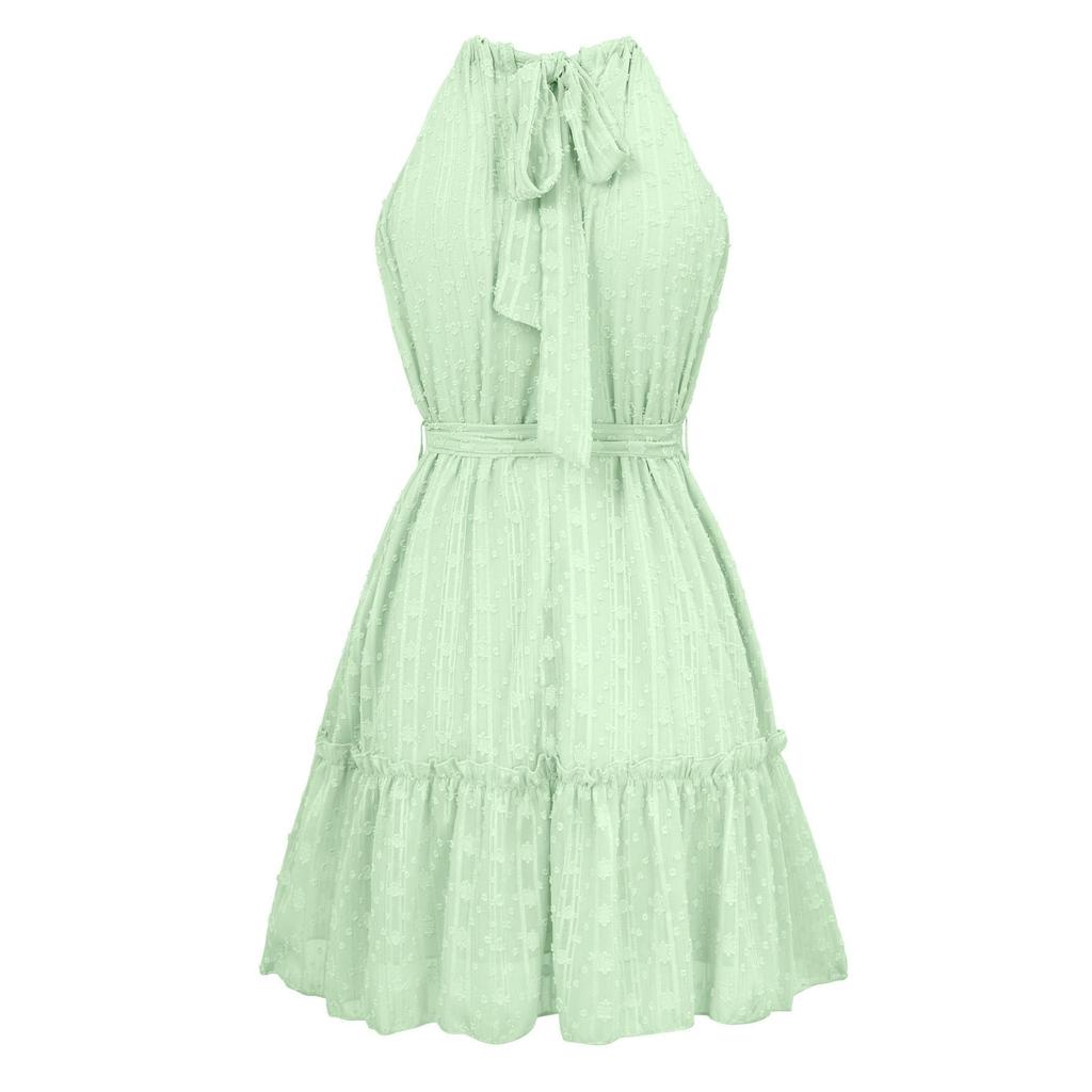 Women Spring Solid Color Sleeveless Halter Dress Summer Casual A-Line High Waist Belt Short Dresses S-XL